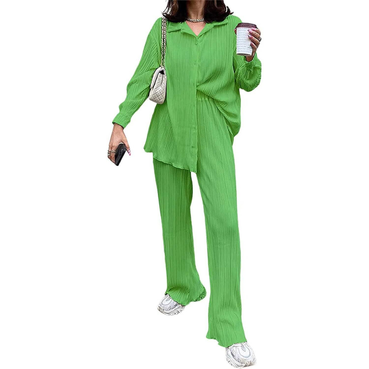 Women's Casual Long Sleeve Button Blouse Top Wide Leg Loose Streetwear Loungewear - A-1 Thread Vault