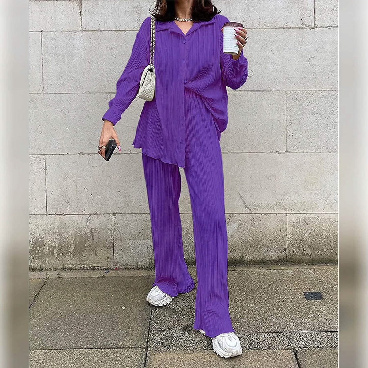 Women's Casual Long Sleeve Button Blouse Top Wide Leg Loose Streetwear Loungewear - A-1 Thread Vault
