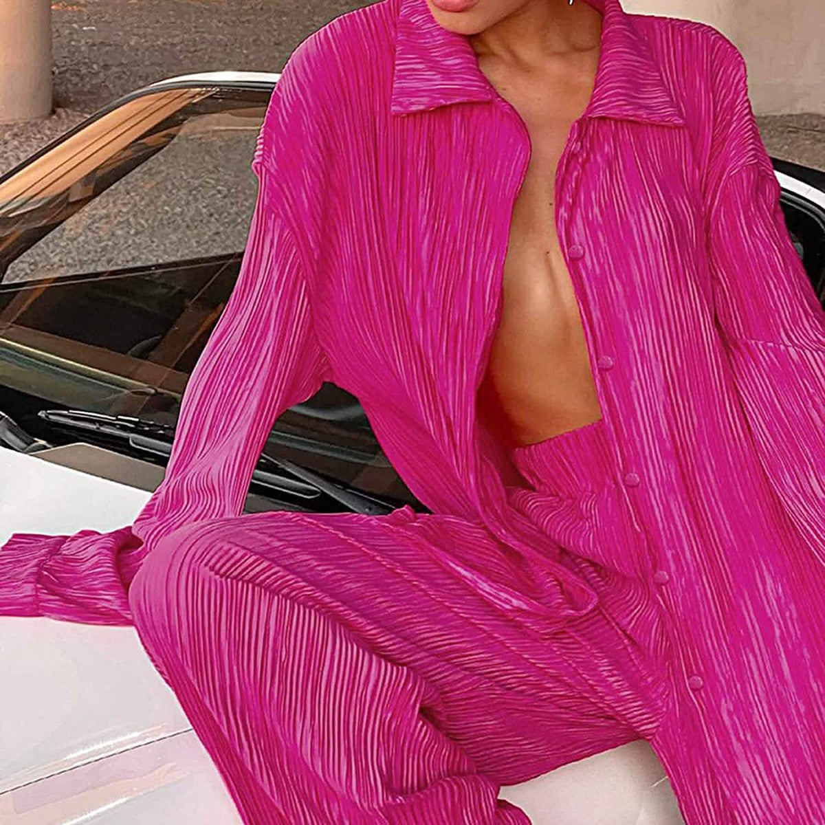 Women's Casual Long Sleeve Button Blouse Top Wide Leg Loose Streetwear Loungewear - A-1 Thread Vault