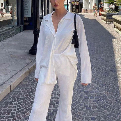 Women's Casual Long Sleeve Button Blouse Top Wide Leg Loose Streetwear Loungewear - A-1 Thread Vault
