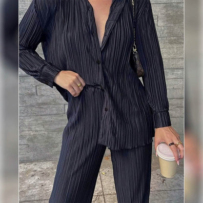 Women's Casual Long Sleeve Button Blouse Top Wide Leg Loose Streetwear Loungewear - A-1 Thread Vault