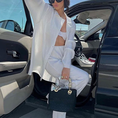 Women's Casual Long Sleeve Button Blouse Top Wide Leg Loose Streetwear Loungewear - A-1 Thread Vault