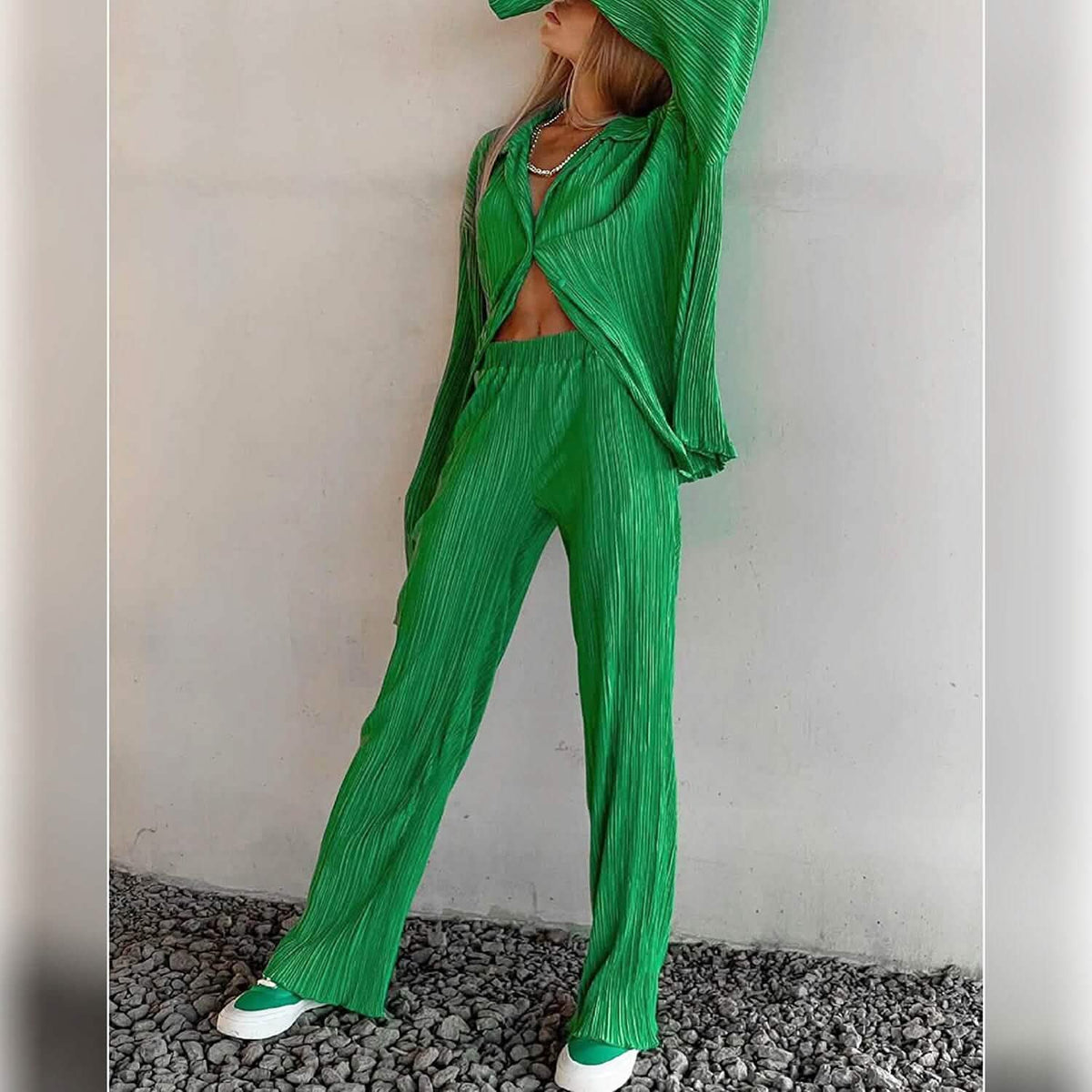 Women's Casual Long Sleeve Button Blouse Top Wide Leg Loose Streetwear Loungewear - A-1 Thread Vault
