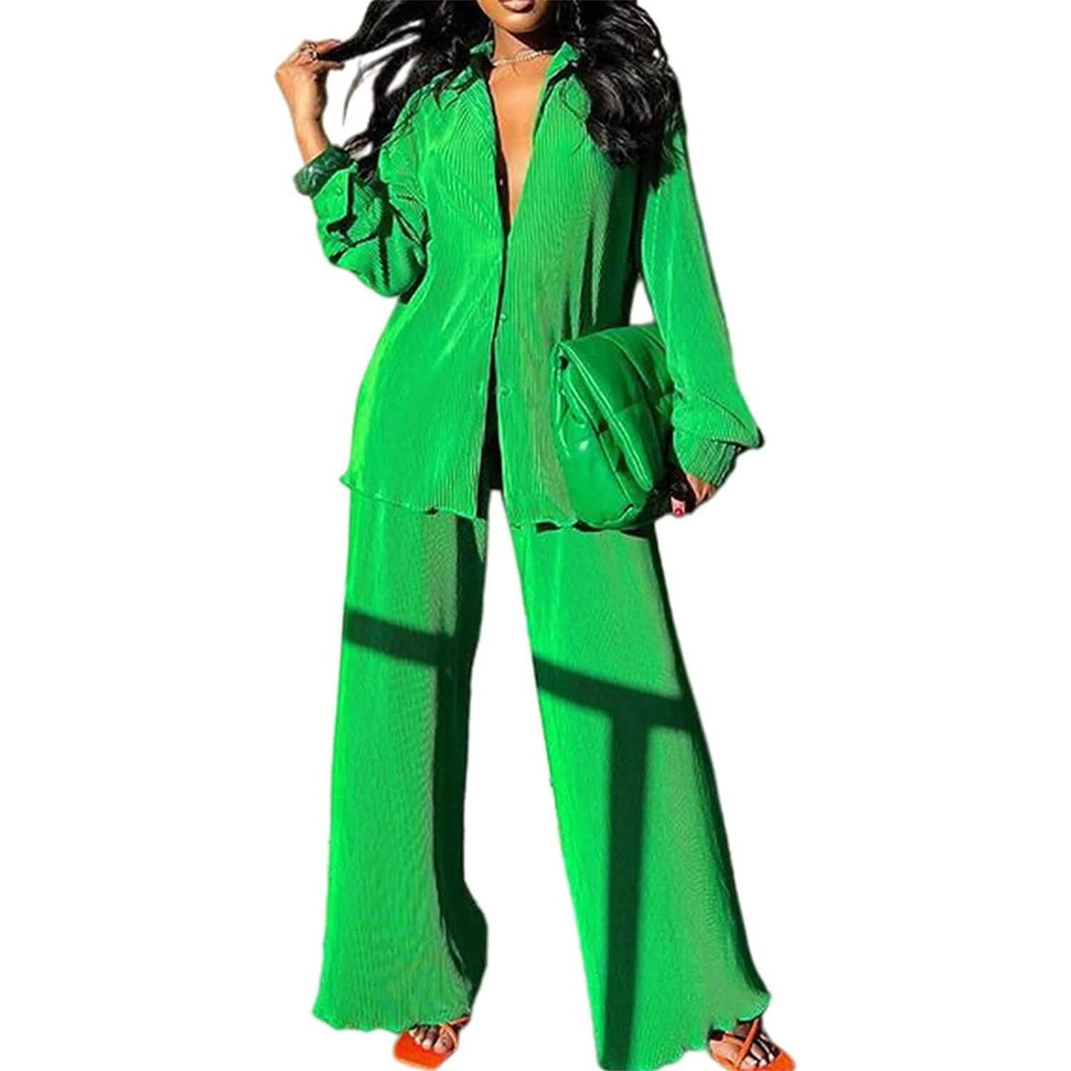 Women's Casual Long Sleeve Button Blouse Top Wide Leg Loose Streetwear Loungewear - A-1 Thread Vault