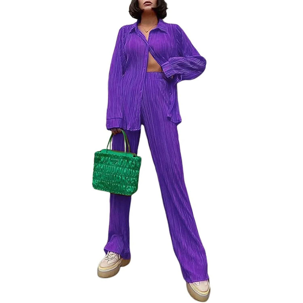 Women's Casual Long Sleeve Button Blouse Top Wide Leg Loose Streetwear Loungewear - A-1 Thread Vault