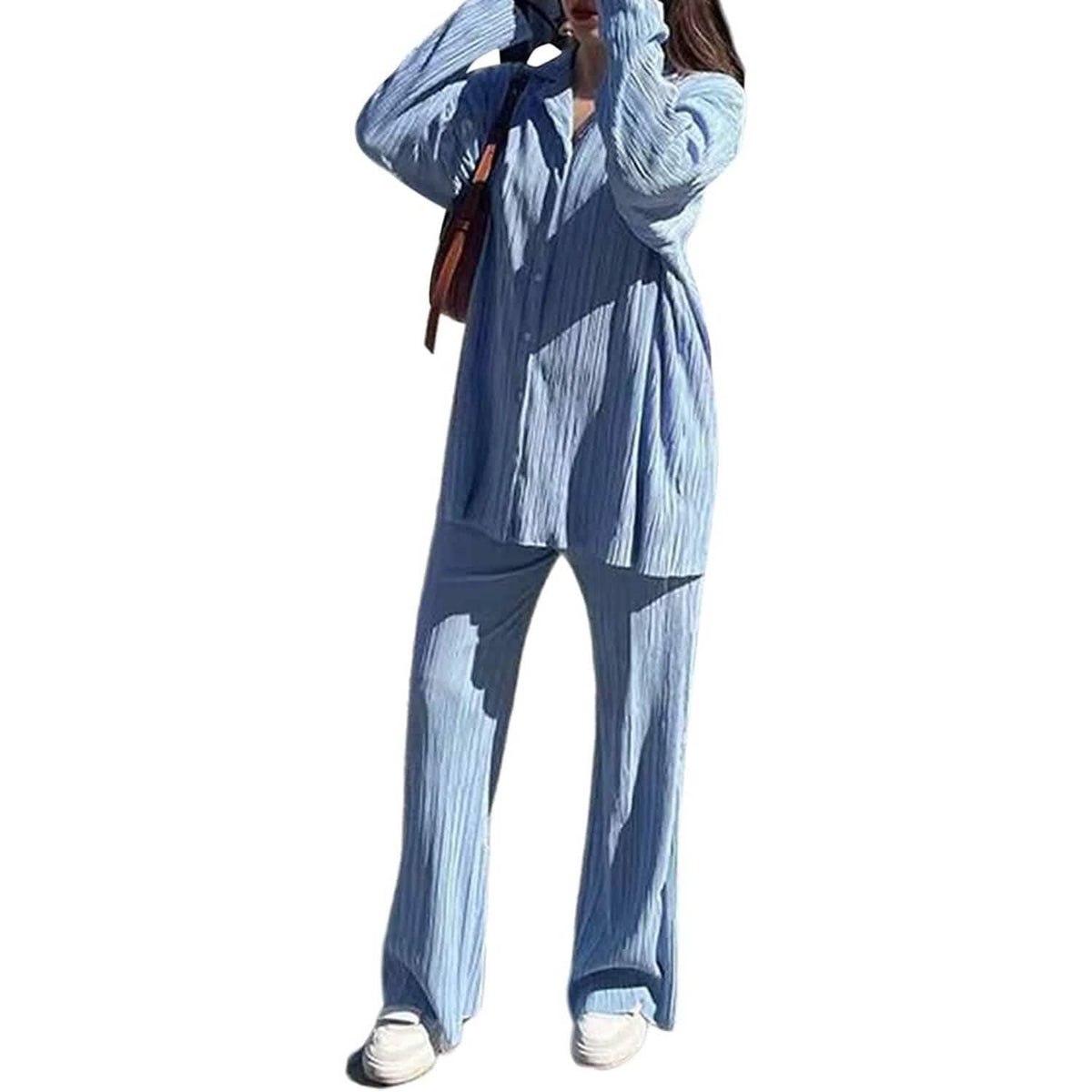 Women's Casual Long Sleeve Button Blouse Top Wide Leg Loose Streetwear Loungewear - A-1 Thread Vault