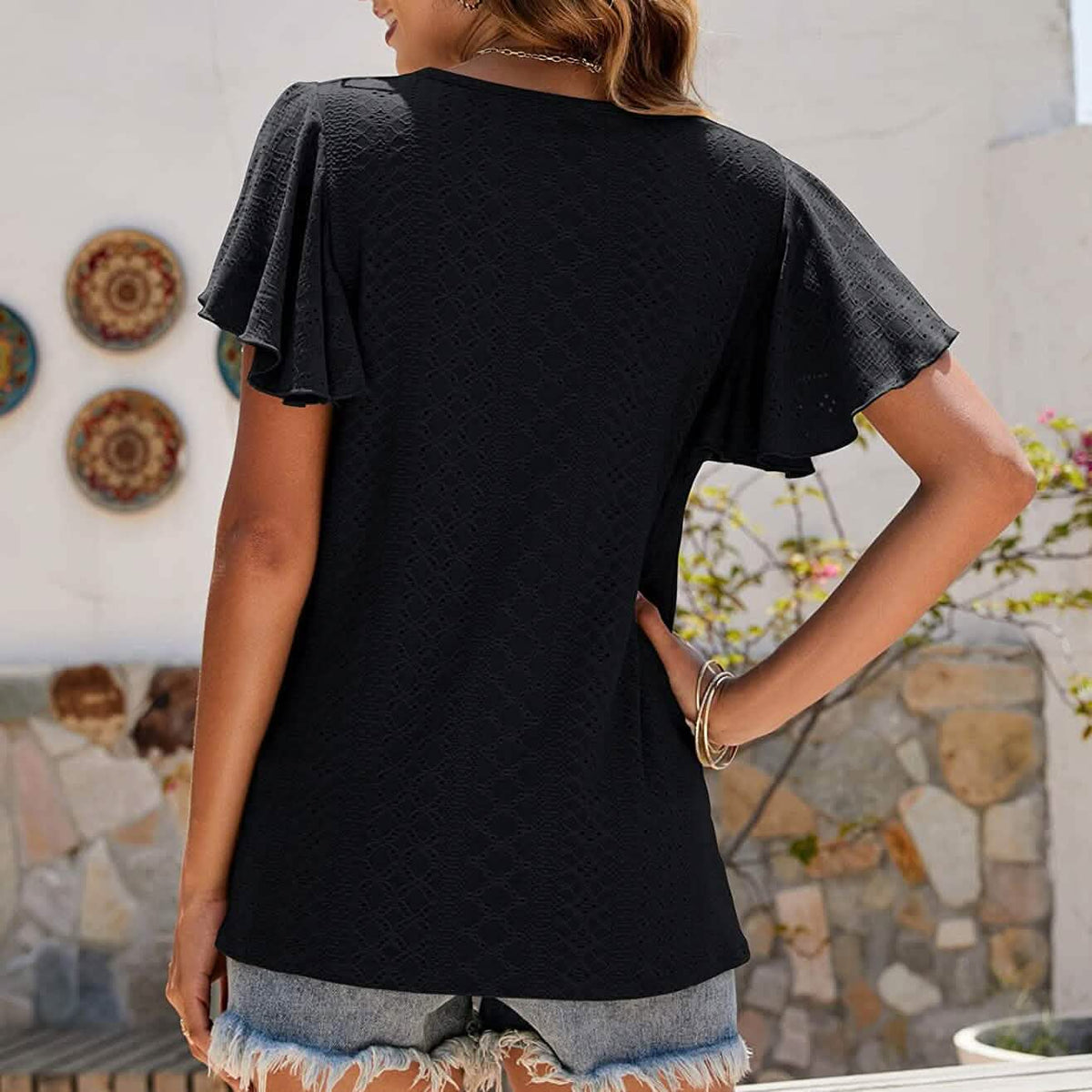 Womens Casual T-Shirts Summer Crew Neck Ruffle Sleeve Tees Tunic Tops - A-1 Thread Vault