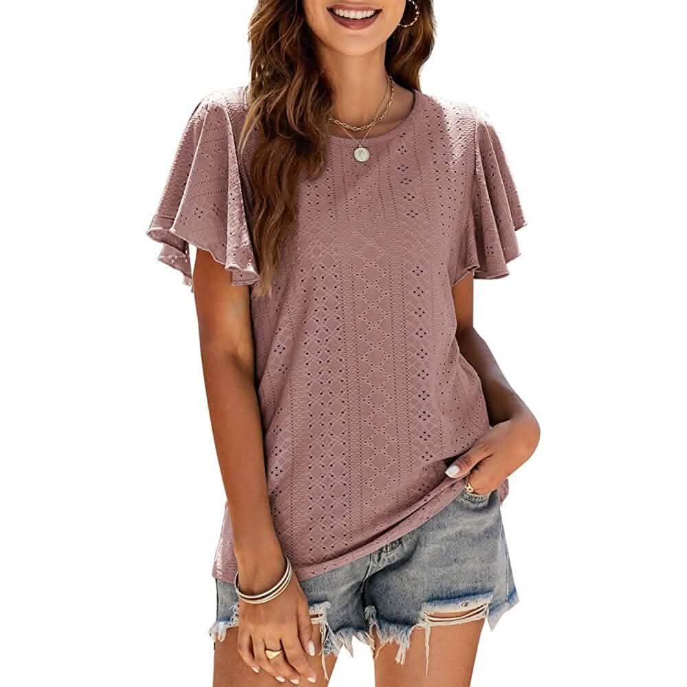 Womens Casual T-Shirts Summer Crew Neck Ruffle Sleeve Tees Tunic Tops - A-1 Thread Vault