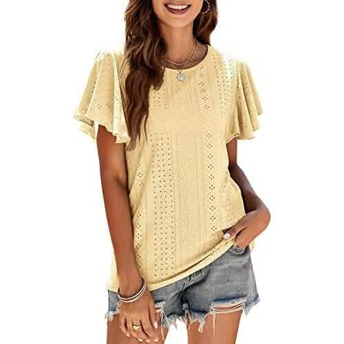 Womens Casual T-Shirts Summer Crew Neck Ruffle Sleeve Tees Tunic Tops - A-1 Thread Vault