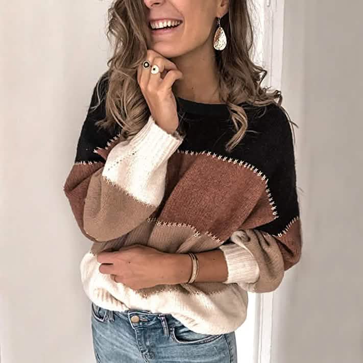 Women's Crewneck Patchwork Pullover Knit Sweater Top - A-1 Thread Vault