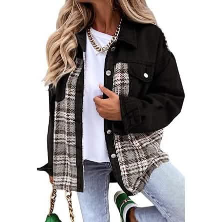 Women's Denim Jacket Long Sleeve Plaid Button Down Shirts Shacket - A-1 Thread Vault