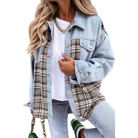 Women's Denim Jacket Long Sleeve Plaid Button Down Shirts Shacket - A-1 Thread Vault