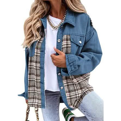 Women's Denim Jacket Long Sleeve Plaid Button Down Shirts Shacket - A-1 Thread Vault