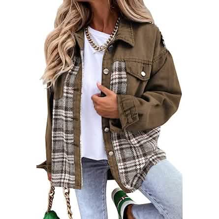 Women's Denim Jacket Long Sleeve Plaid Button Down Shirts Shacket - A-1 Thread Vault