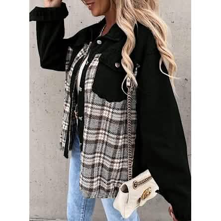 Women's Denim Jacket Long Sleeve Plaid Button Down Shirts Shacket - A-1 Thread Vault