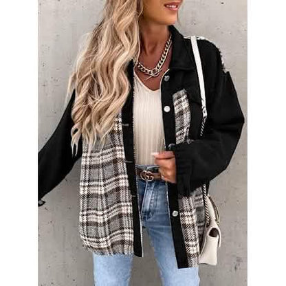 Women's Denim Jacket Long Sleeve Plaid Button Down Shirts Shacket - A-1 Thread Vault