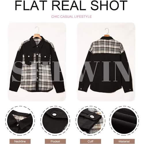 Women's Denim Jacket Long Sleeve Plaid Button Down Shirts Shacket - A-1 Thread Vault