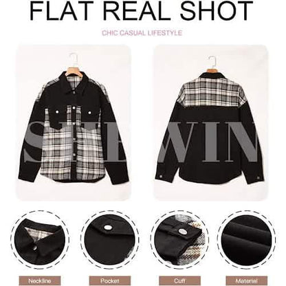 Women's Denim Jacket Long Sleeve Plaid Button Down Shirts Shacket - A-1 Thread Vault