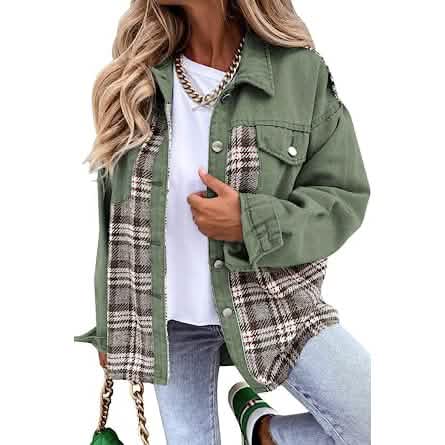 Women's Denim Jacket Long Sleeve Plaid Button Down Shirts Shacket - A-1 Thread Vault