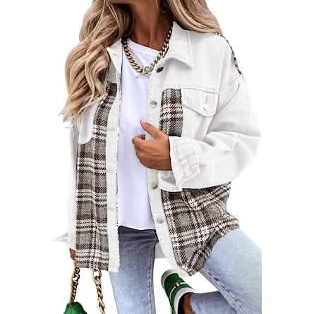 Women's Denim Jacket Long Sleeve Plaid Button Down Shirts Shacket - A-1 Thread Vault