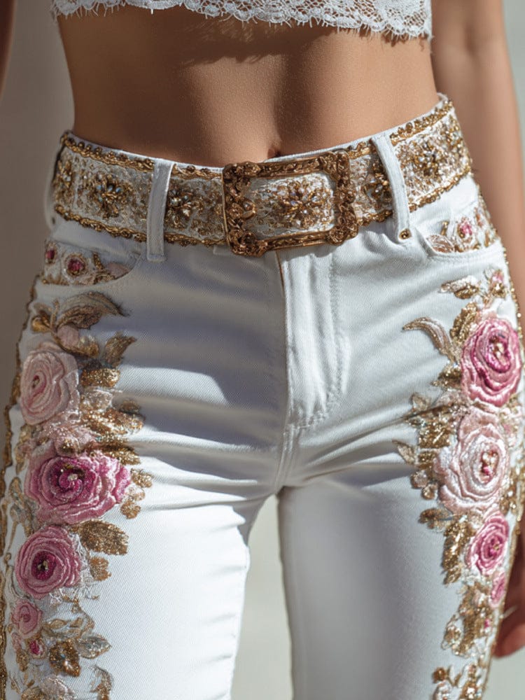 Womens Denim Jeans Womens Trousers With Colorful 3D Floral Prints - A-1 Thread Vault
