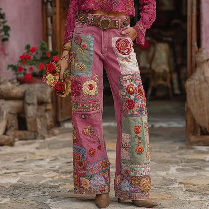 Womens Denim Jeans Womens Trousers With Colorful 3D Floral Prints - A-1 Thread Vault