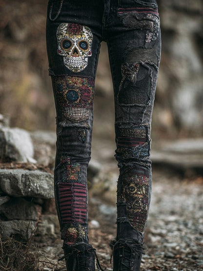 Womens Denim Jeans Womens Trousers With Colorful 3D Floral Prints - A-1 Thread Vault