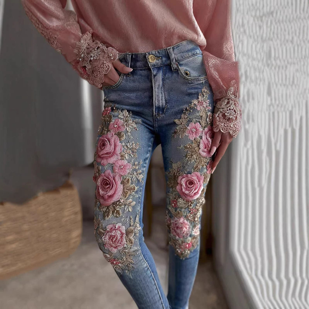 Womens Denim Jeans Womens Trousers With Colorful 3D Floral Prints - A-1 Thread Vault