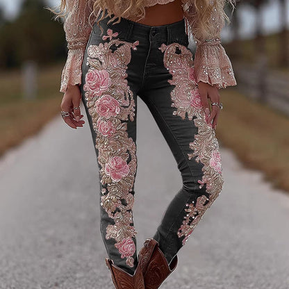 Womens Denim Jeans Womens Trousers With Colorful 3D Floral Prints - A-1 Thread Vault