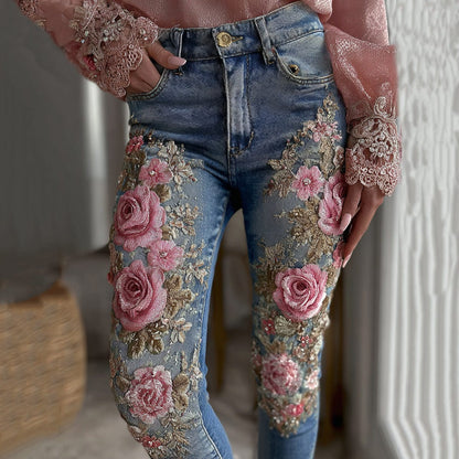 Womens Denim Jeans Womens Trousers With Colorful 3D Floral Prints - A-1 Thread Vault