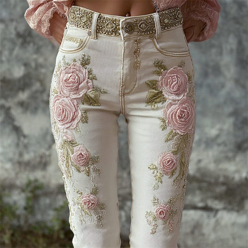 Womens Denim Jeans Womens Trousers With Colorful 3D Floral Prints - A-1 Thread Vault