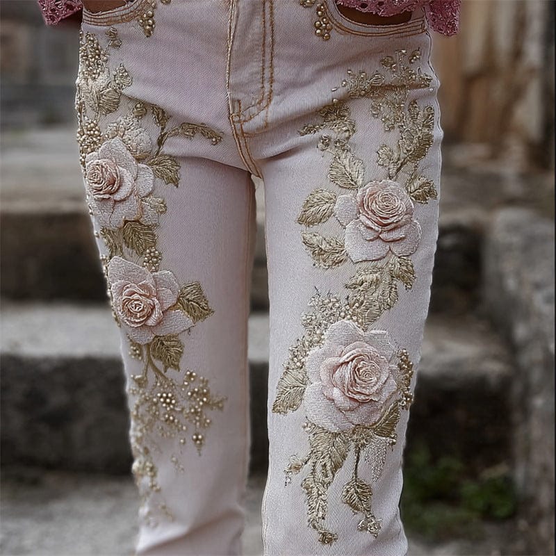 Womens Denim Jeans Womens Trousers With Colorful 3D Floral Prints - A-1 Thread Vault