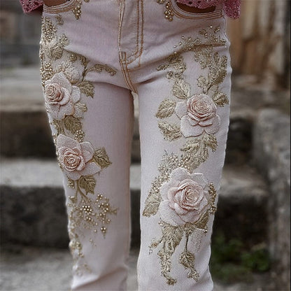Womens Denim Jeans Womens Trousers With Colorful 3D Floral Prints - A-1 Thread Vault