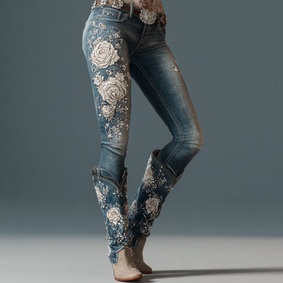 Womens Denim Jeans Womens Trousers With Colorful 3D Floral Prints - A-1 Thread Vault