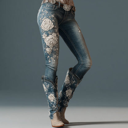 Womens Denim Jeans Womens Trousers With Colorful 3D Floral Prints - A-1 Thread Vault