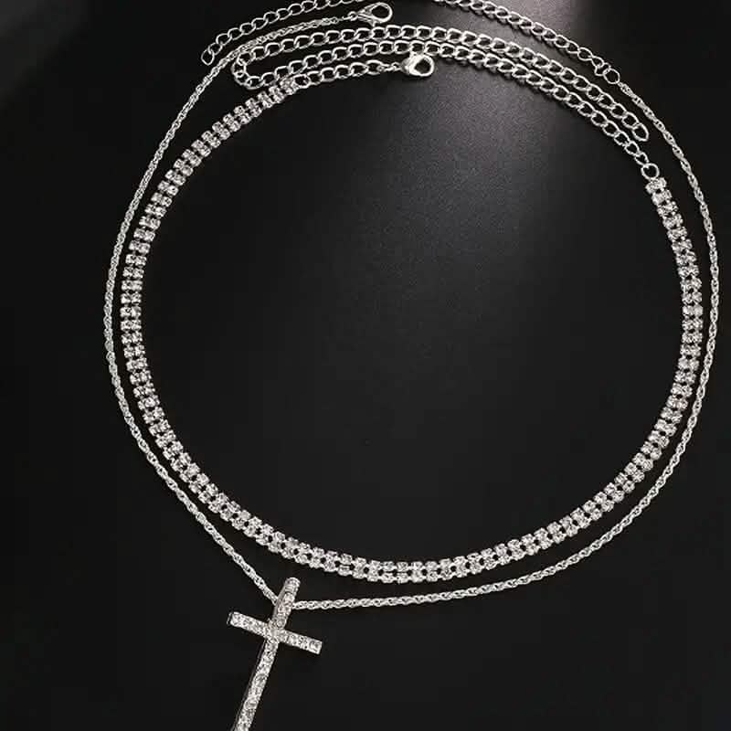 Women's Double Layer Artificial Crystal Cross Pendant Necklace - A-1 Thread Vault