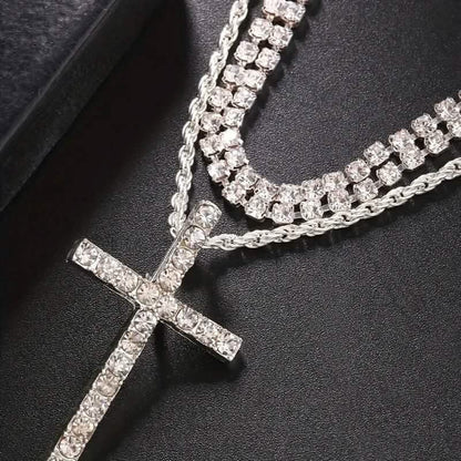 Women's Double Layer Artificial Crystal Cross Pendant Necklace - A-1 Thread Vault