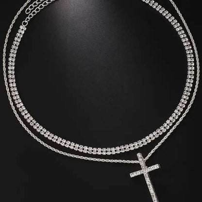 Women's Double Layer Artificial Crystal Cross Pendant Necklace - A-1 Thread Vault