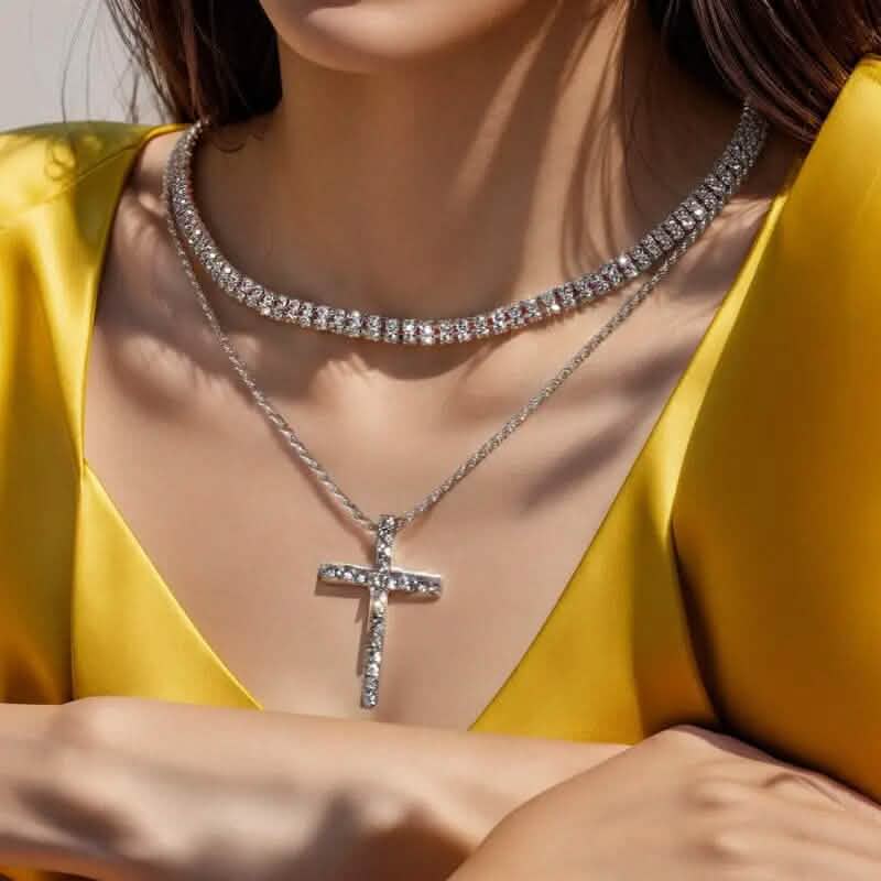 Women's Double Layer Artificial Crystal Cross Pendant Necklace - A-1 Thread Vault