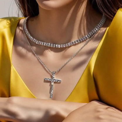 Women's Double Layer Artificial Crystal Cross Pendant Necklace - A-1 Thread Vault