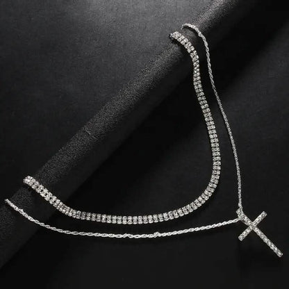 Women's Double Layer Artificial Crystal Cross Pendant Necklace - A-1 Thread Vault