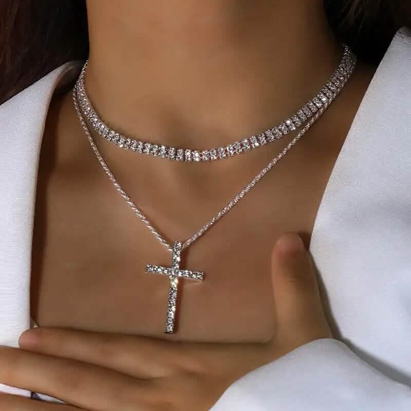Women's Double Layer Artificial Crystal Cross Pendant Necklace - A-1 Thread Vault