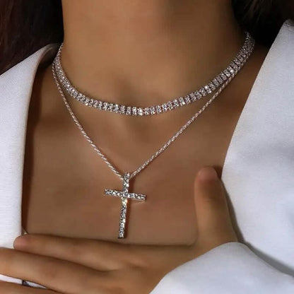 Women's Double Layer Artificial Crystal Cross Pendant Necklace - A-1 Thread Vault