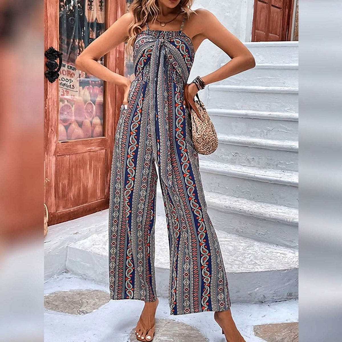 Women's Jumpsuit Pocket Print Geometric Square - A-1 Thread Vault