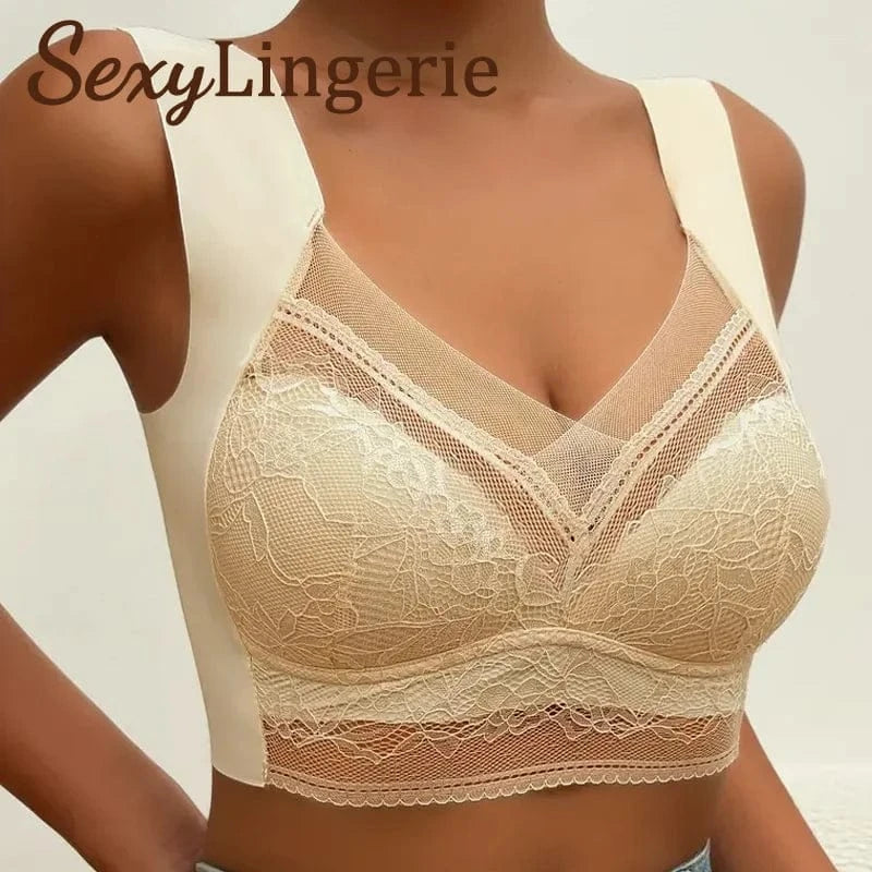 Womens Lace Bra Perspective Bralette Push Up Ice Silk Deep V Bra Sexy Lingerie Tops Plus Size Cup Mom's underwear L-5XL - A-1 Thread Vault