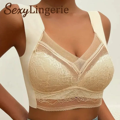 Womens Lace Bra Perspective Bralette Push Up Ice Silk Deep V Bra Sexy Lingerie Tops Plus Size Cup Mom's underwear L-5XL - A-1 Thread Vault