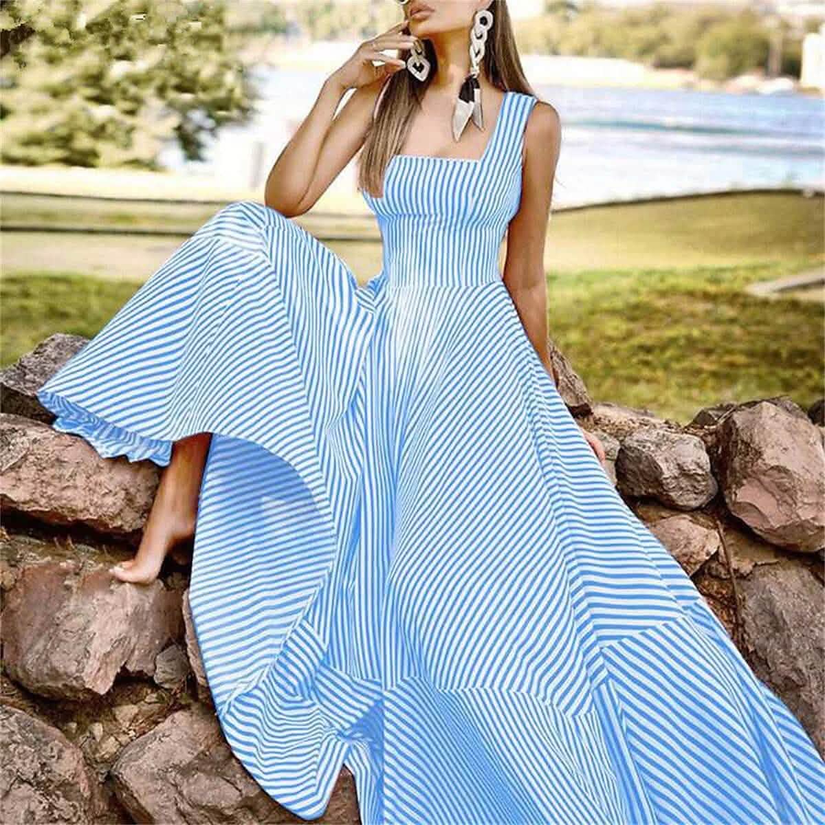 Women's Long A Line Striped Maxi Dress - A-1 Thread Vault