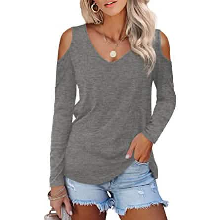 Womens Long Sleeve Cold Shoulder Basic Tee Tops Shirts - A-1 Thread Vault