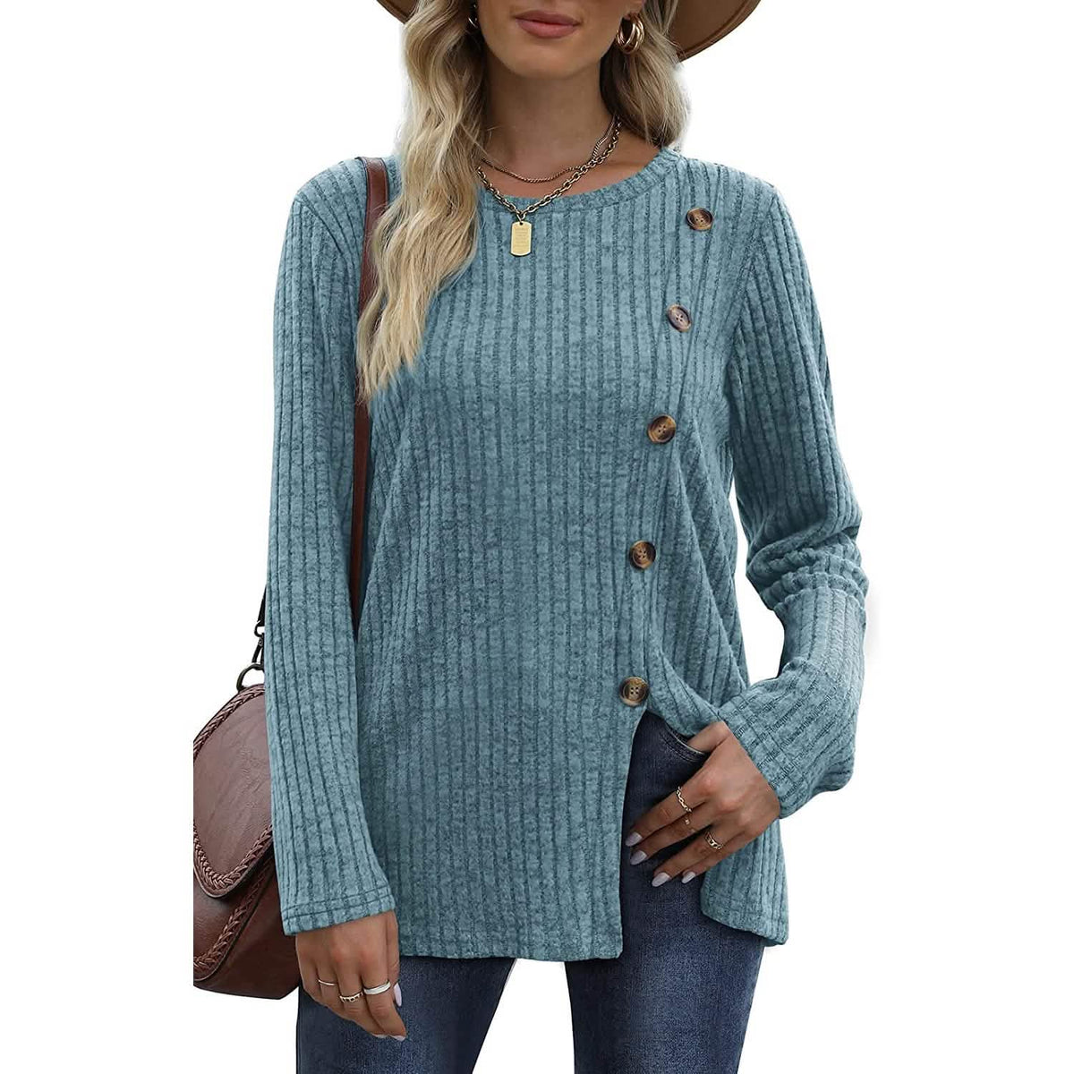 Women's Long Sleeve Crew Neck Tunic Tops Buttons Side - A-1 Thread Vault