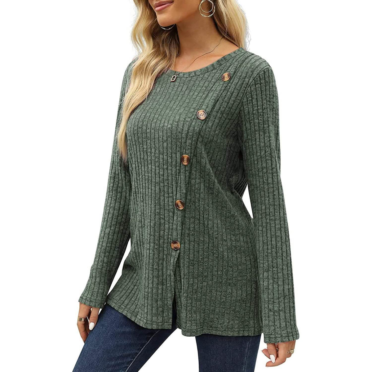 Women's Long Sleeve Crew Neck Tunic Tops Buttons Side - A-1 Thread Vault